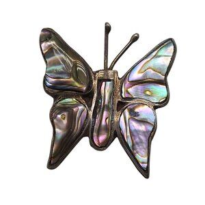 Vintage Abalone Butterfly Brooch Pin Silver Tone Mexico Artisan Jewelry 1.25 Inc